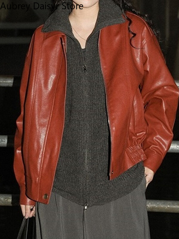 女性のためのヴィンテージの赤い革のジャケット,ジッパー付きのストリートウェア,冬