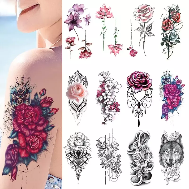 Pegatina de tatuaje temporal a prueba de agua para mujer y niña, tatuajes de flores rosas, Flash, arte corporal, manga falsa, tatuajes negros, muñeca, 1 ud.