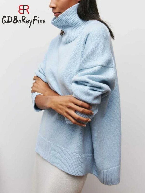 여성용 터틀넥 스웨터, 오버사이즈 긴팔 상의, 가을 캐주얼 루즈 점퍼, 흰색 두껍고 따뜻한 니트 풀오버