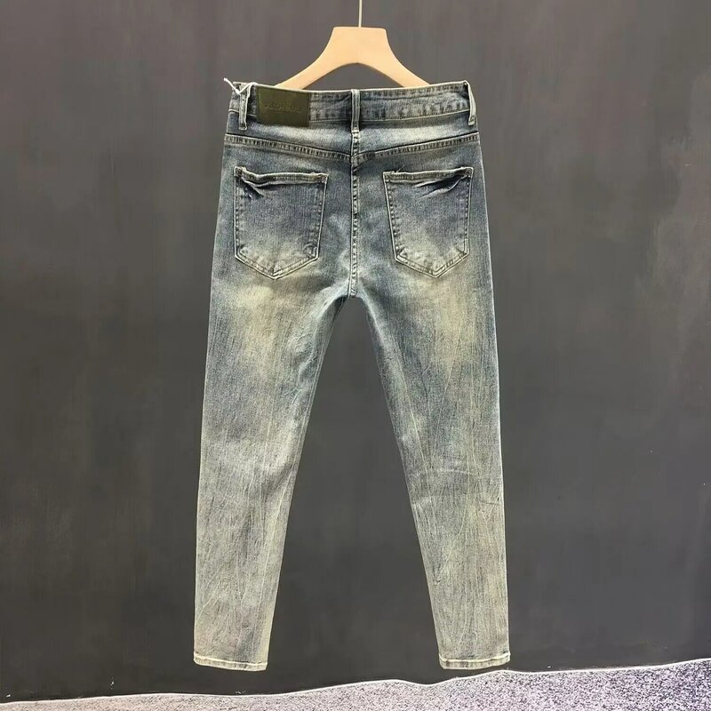 Nieuwe Heren Retro Blauw Gewassen Skinny Jeans Met Distressed Gescheurde Gaten Casual Slanke Denim Broek Lente Herfst Luxe Kleding Heren
