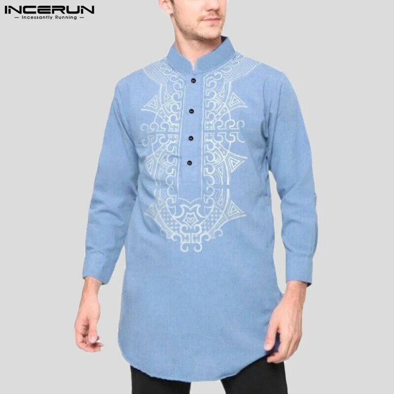 INCERUN 남성용 민족 프린트 패턴 셔츠, 캐주얼 스트리트웨어, 올매치 긴팔 블라우스 S-5XL, 2023 이슬람 스타일 상의, 신제품