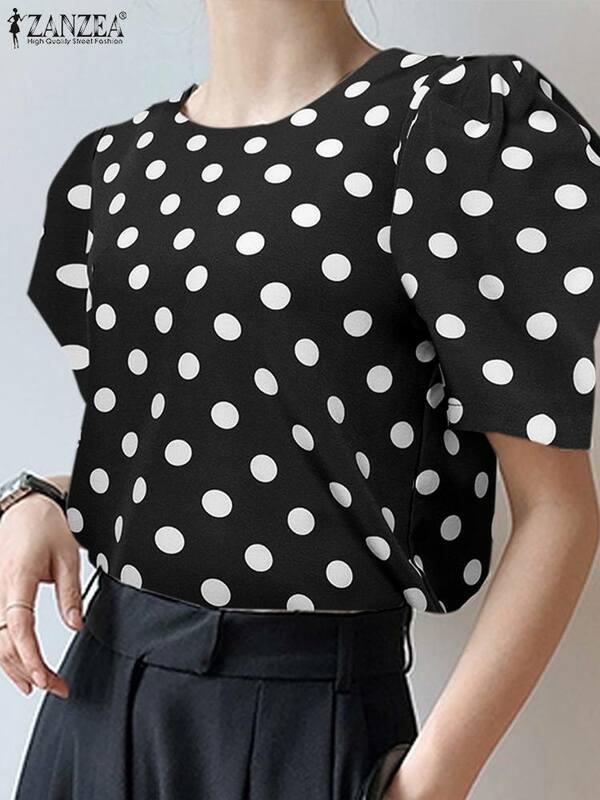 Рубашка ZANZEA Женская в горошек, праздничная блузка с круглым вырезом, модный Свободный Топ оверсайз с короткими рукавами-фонариками, лето 2023