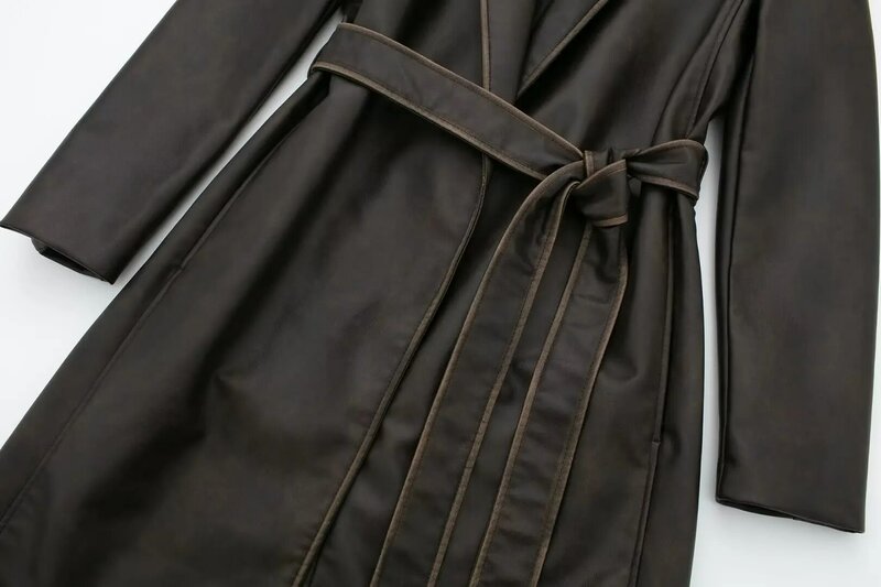 Damska nowa moda z efektem przestarzałości paska w dłuższym stylu Faux płaszcz skórzany Vintage z długim rękawem damska odzież wierzchnia szykowny płaszcz