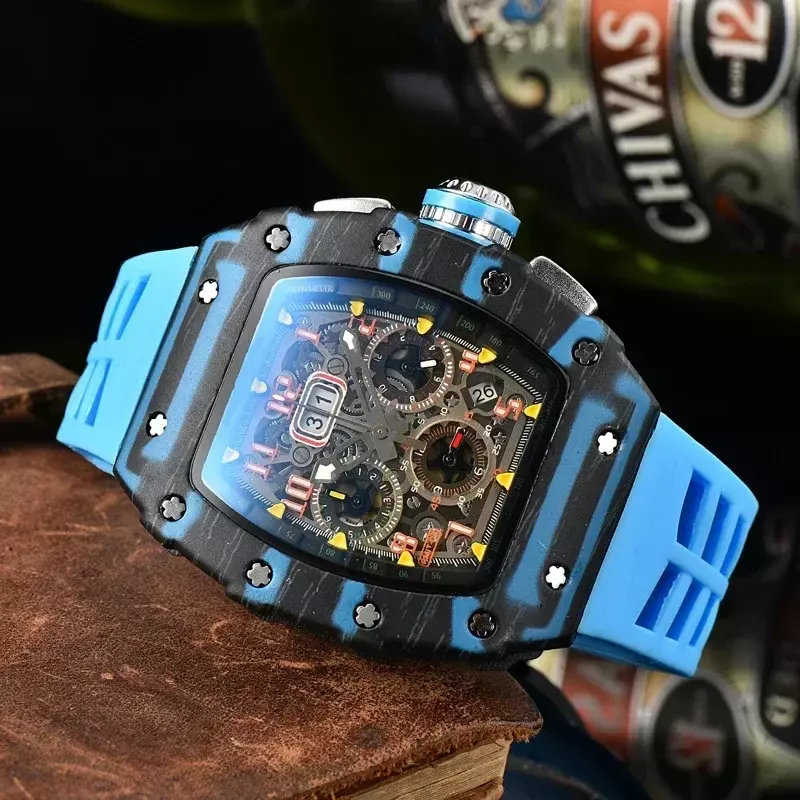 นาฬิกาข้อมือผู้ชายสุดหรูลายกราฟฟิตีสุดหรูนาฬิกาข้อมือคาร์บอนไฟเบอร์พิมพ์ลาย6-PIN นาฬิกาคู่รูปทรงกระบอกไวน์