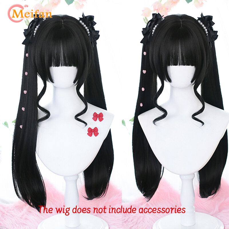 MEIFAN Synthetic Short Straight Wig with Long Ponytail Lolita Cosplay Party  Harajuku Blonde Black Wig With Bangs for Women