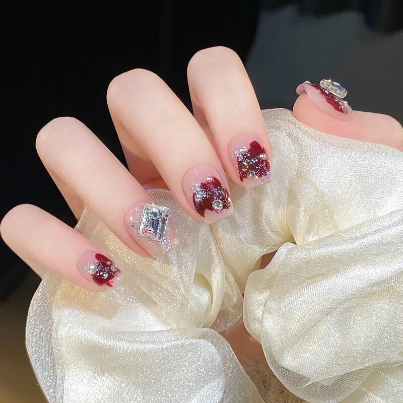 Модные винно-красные искусственные ногти 10 шт., геометрические искусственные ногти, искусственные ногти с полным покрытием, съемный искусственный пресс для ногтей