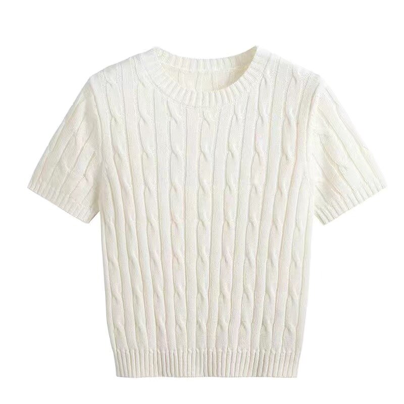 Top de punto bordado Vintage para mujer, Camisa lisa de manga corta con cuello redondo, estilo elegante, novedad de verano 2024