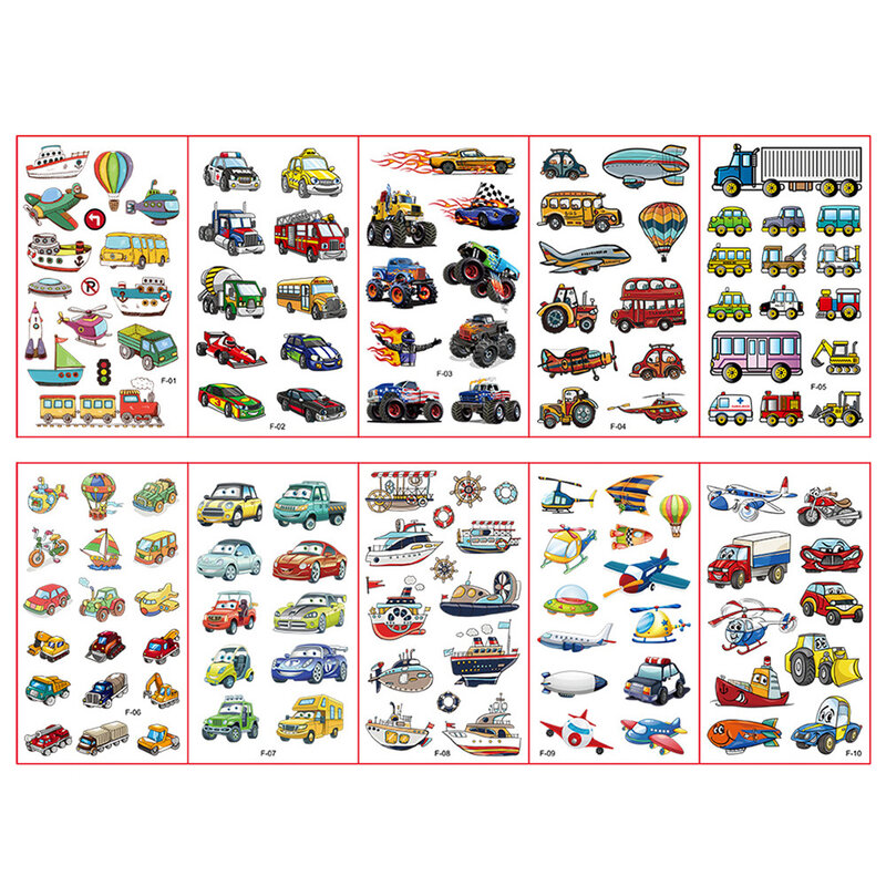 10Sheets Children Cute Cartoon Transport Tattoo Stickers for Kids Engineering Vehicle Cars Fake Temporary Tattoo Boys Gift