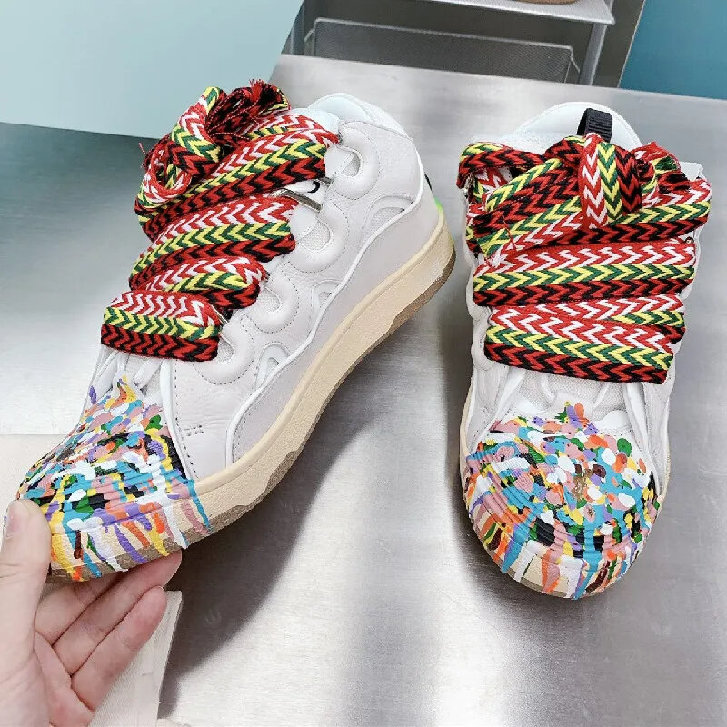 Skateboard Round Toe Street Style Sneakers Shoes Hand-made Multicolor Curb Graffiti Lovers Tennis Suede Patchwork Unisex Size 46