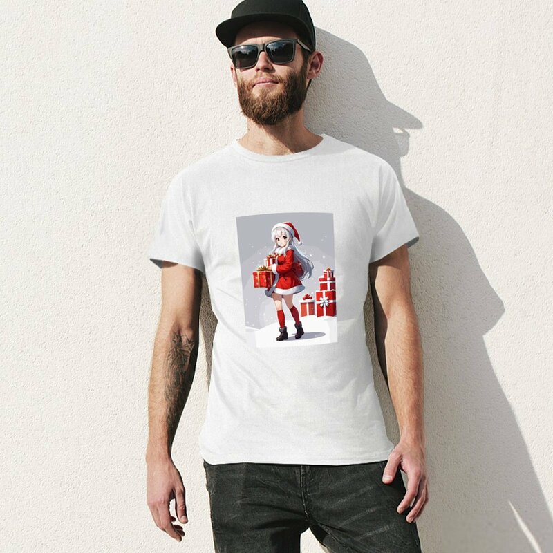 Anime Girl in Sant's Costume with Christmas Gifts! T-shirt customizeds quick drying mens graphic t-shirts anime