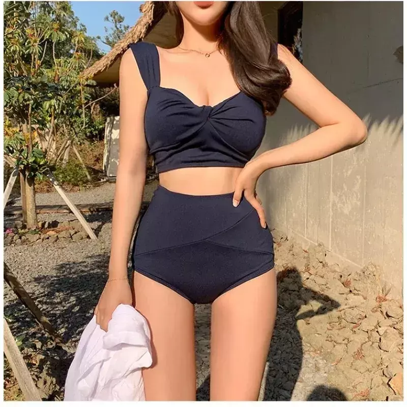 Bikini triangular de cintura alta para mujer, traje de baño de dos piezas, Color sólido, traje de baño coreano, Micro Bikini de primavera caliente