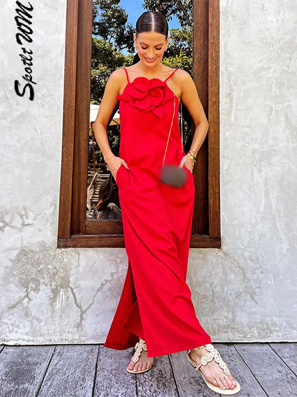 Vestido de estilinque vermelho flor 3D feminino chique, senhora do escritório Fashion, sem encosto vestidos de alta divisão, casual vestido de rua feminino solto