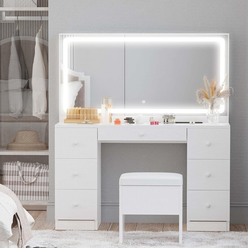 Vanity Desk Set con specchio illuminato a LED e presa di corrente, 7 cassetti vanità trucco toletta con sgabello, per camera da letto, bianco
