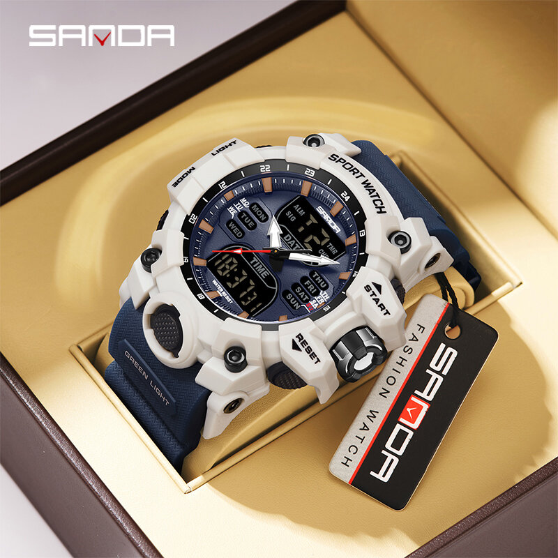 SANDA-reloj deportivo de cuarzo para hombre, cronógrafo Digital con pantalla Dual, resistente al agua, alarma y cronómetro, estilo militar, 6126