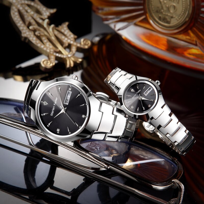 นาฬิกาควอตซ์กันน้ำทำจากเหล็กทังสเตนมีปฏิทินเป็นคู่สายนาฬิกาข้อมือแนวโน้มแฟชั่นใหม่ของ Marlen Keller