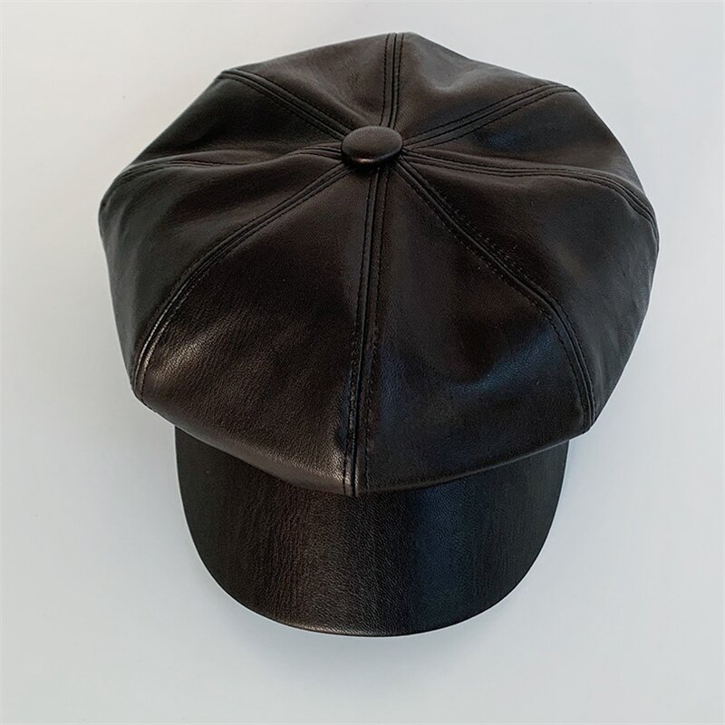 หมวก Topi kulit หมวกเบเร่ต์ผู้หญิง, หมวกสีดำแฟชั่นวินเทจหมวกเบเร่ต์