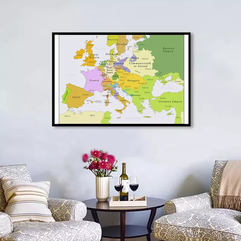 Pintura sobre lienzo Vintage del mapa de Europa política para niños, póster artístico de pared, decoración del hogar, suministros escolares, 90x60cm, 1700-1850