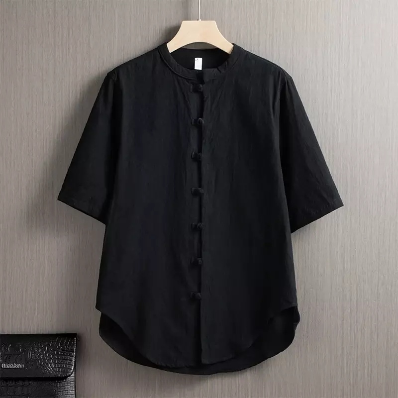 قميص رجالي صيني بأكمام قصيرة من الكتان ، قميص عتيق بأزرار إلى أسفل ، ياقة واقفة ، بلوزة فضفاضة كبيرة الحجم ، لون سادة ، 2021