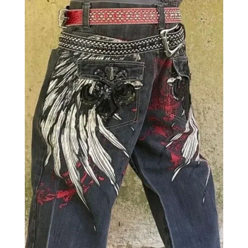 Шорты мужские джинсовые в готическом стиле, свободные штаны в стиле хип-хоп, с принтом крыльев, в стиле оверсайз, y2k, лето 2024