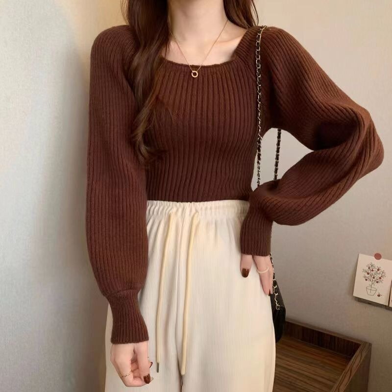 Chic Puff Sleeve Knitted Pullovers Women Vintage Windproof All-match Basic Tops Ladies Solid Simple Sweater Knitwear Soft Ins BF