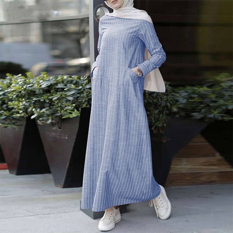 Neue Damen Damen muslimischen Abaya Langarm Streifen lose lässig lange Maxi-Shirt Kleid Kaftan