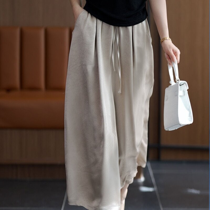 2024 Summer Thin High Waist Loose Casual Elastic Waist Large Size Covering Meat Elegance Simple Seven Quarter Wide Leg Pants For