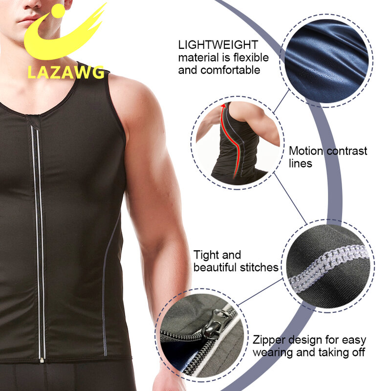 LAZAWG Sauna Waist Trainer for Men Weight Loss Long Sleeves Tops Sweat Shapewear Shirt Slimming with Zipper Thermal Body Shaper