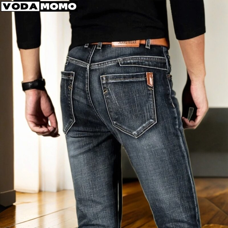 Celana Denim bisnis pria, Jeans panjang penuh lurus dengan elastisitas tinggi ramping gaya setengah pinggang 2024