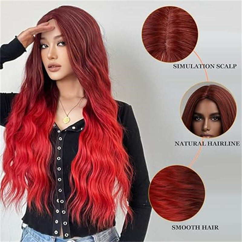 Peruca de cabelo encaracolado longo para mulheres, despedida média, gradiente vermelho, sintético natural, cabelo ondulado, cosplay, festa diária, nos