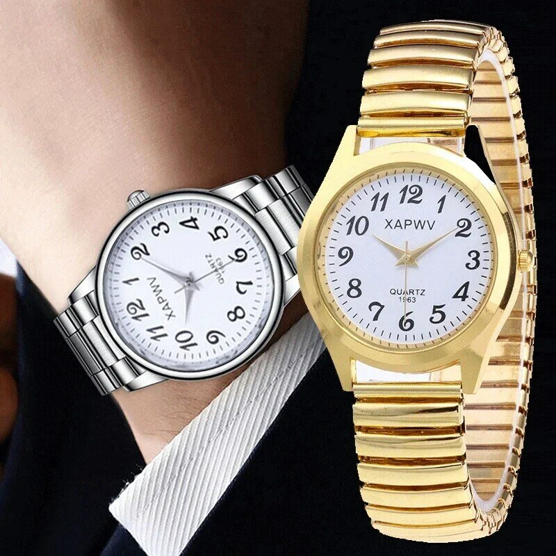 Jam tangan pasangan wanita bisnis, 1 buah jam tangan kuarsa emas elastis Vintage klasik gelang pasangan hadiah kantor pesta