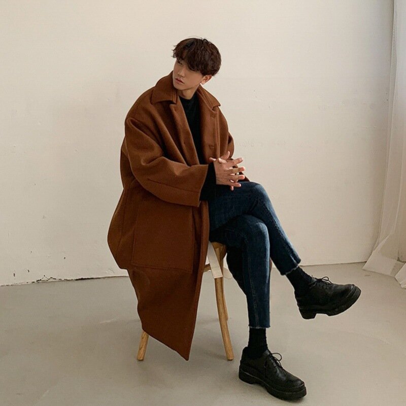 Шерстяное пальто мужское зимнее Корейская версия толстое шерстяное пальто Длинное свободное ветровка выше колена Ins