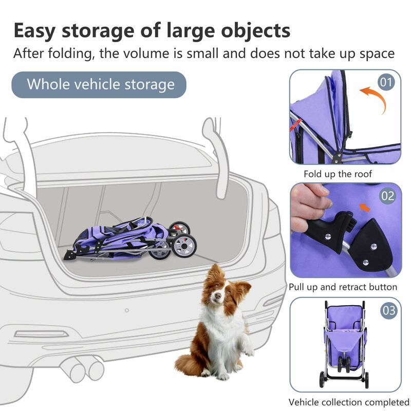 Purple Pet Glide: cochecito plegable para perros, Jogger duradero para gatos de 3 ruedas con almacenamiento, portavasos