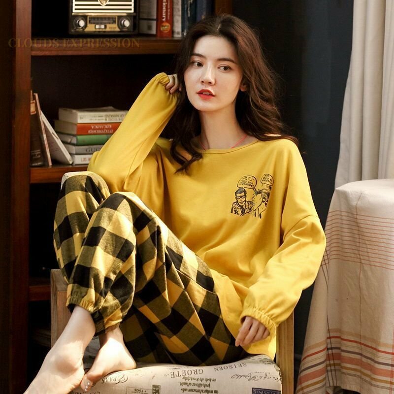 Autumn Sleep Lounge Pajama Long Sleeved Top Polka Dots Women Pajama Sets Cartoon Pyjamas Cotton Sleepwear Women M L XL XXL XXXL