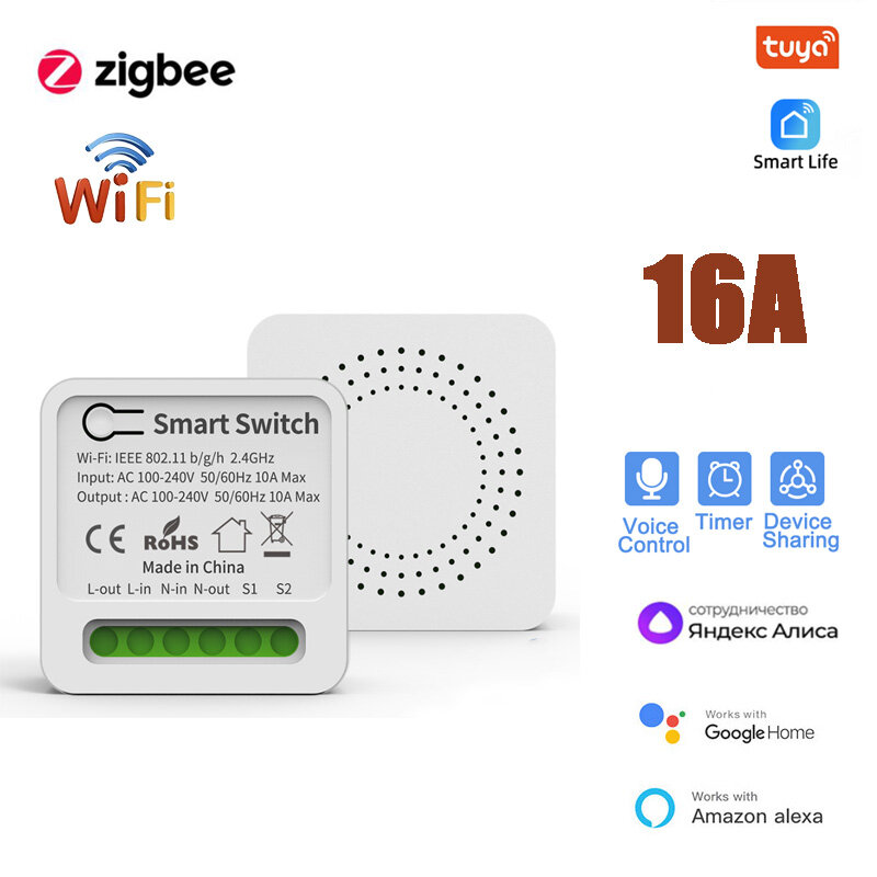 Interruptor inteligente Zigbee 3,0 con Wifi, dispositivo de 2 vías, 16A, Automatización del hogar a través de Alexa, Google Home, Alice, Smart Life