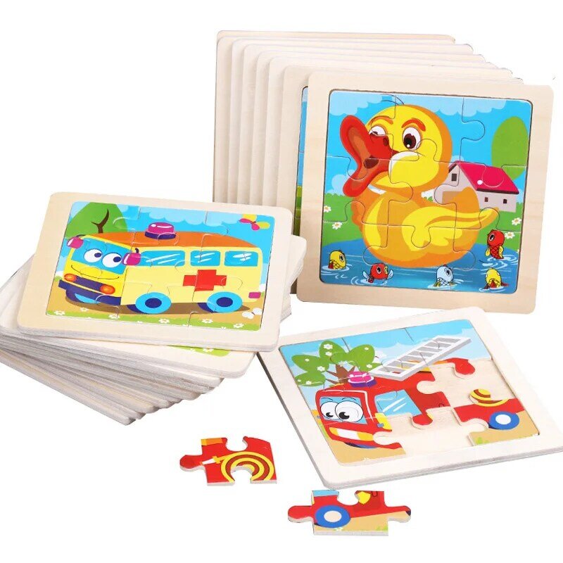 赤ちゃんのための木製モンテッソーリ3Dジグソーパズル,11x11cm,漫画の動物,教育玩具