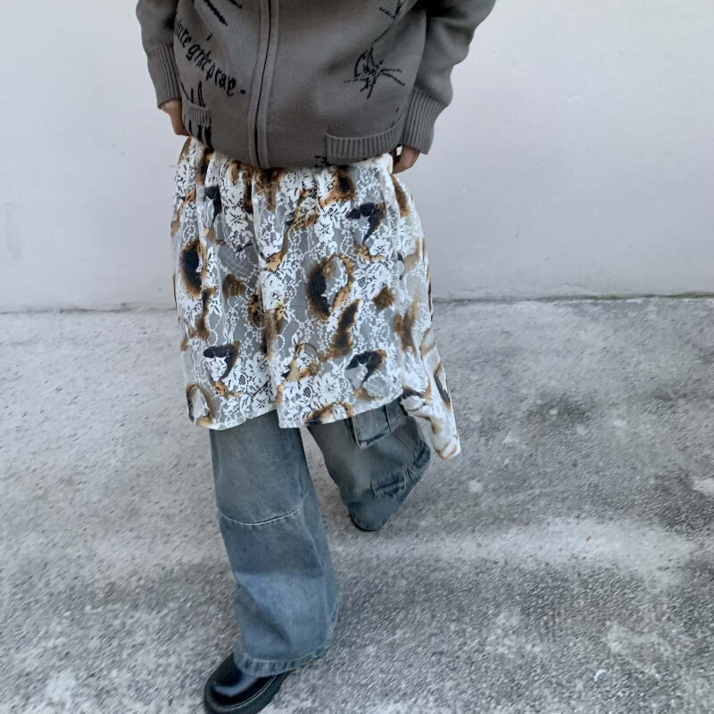 Deeptown-Mini-saia feminina de tule vintage, estética harajuku de renda, retrô irregular, comprimento médio, streetwear transparente