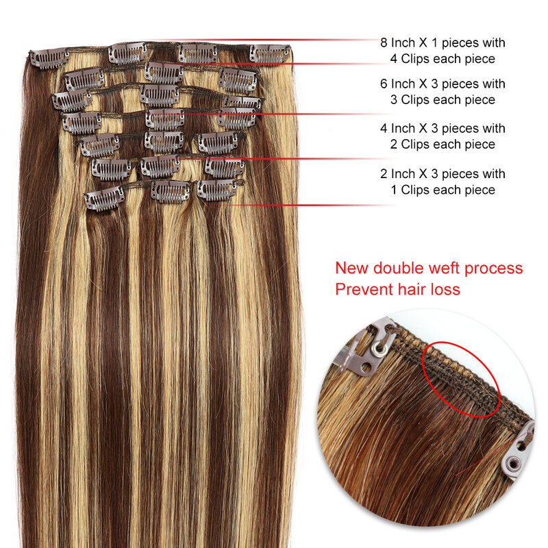 Włosy doczepiane Clip In podkreślają Remy spinkę do włosów podwójne pasma w doczepy z ludzkich włosów dla kobiet w wieku od 16 do 24 Cal
