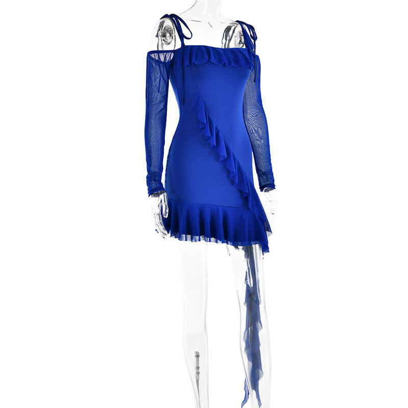 Сетчатое платье для выпускного вечера с длинными рукавами, пикантное короткое официальное мини-платье на бретелях-спагетти, синее, черное, бордовое, стандартное платье