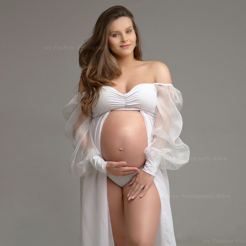 Rekwizyty do fotografii ciążowej sukienka seksowna przezroczysty biały szyfonowa z sukienka na ramiona dla sesja zdjęciowa kobiet w ciąży