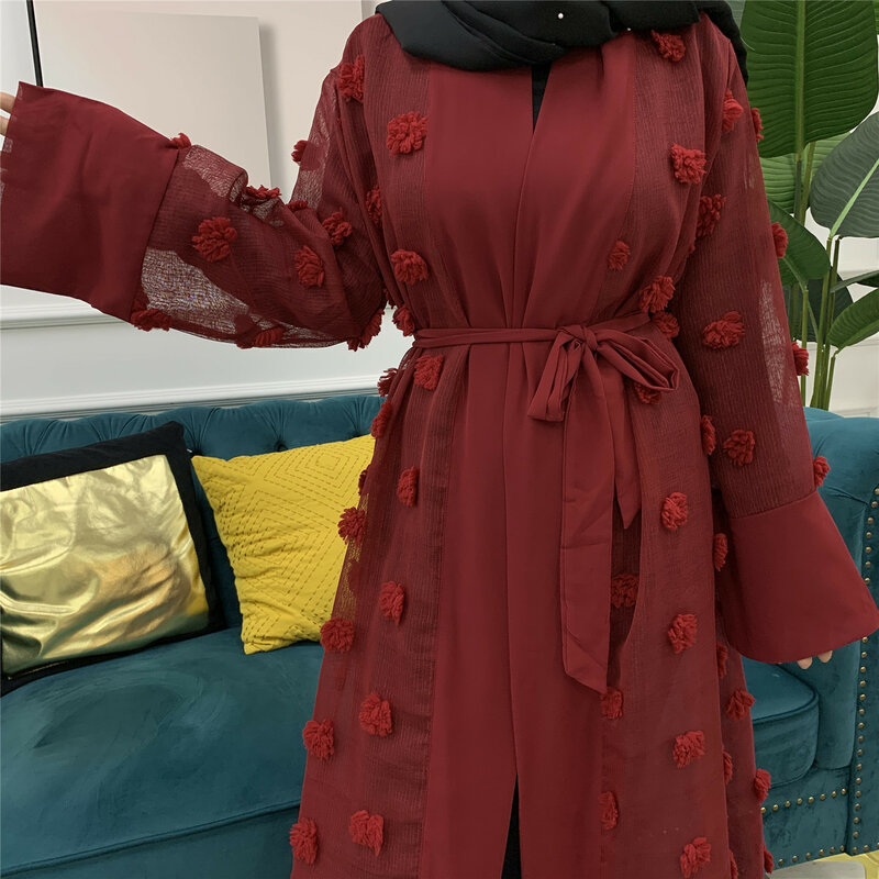 Wepbel-cárdigan de manga larga con encaje para mujer, Hijab musulmán abierto, flor, malla, caftán suelto, bata, pañuelo para la cabeza, ropa islámica
