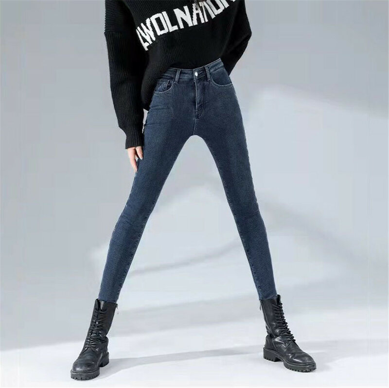 Плотные бархатные облегающие джинсы с высокой талией, женские теплые зимние джинсовые брюки с плюшевой подкладкой, Стрейчевые повседневные зимние джинсовые брюки Y2k
