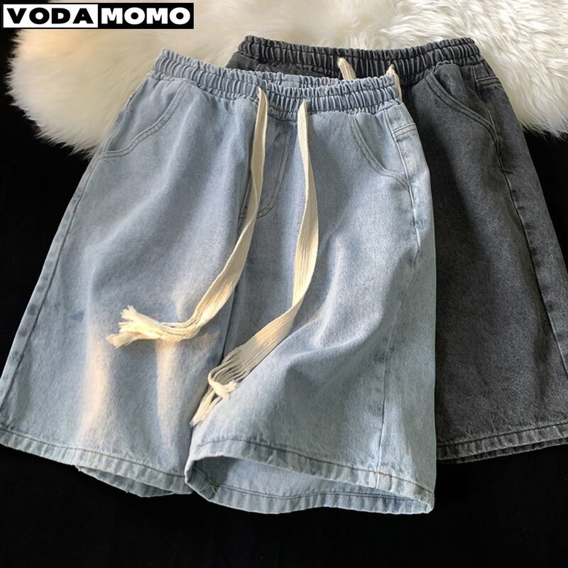 Letnie cienkie męskie spodenki jeansowe moda w pasie jasnoniebieskie krótkie dżinsy koreańskie Streetwear spodenki do kolan męskie