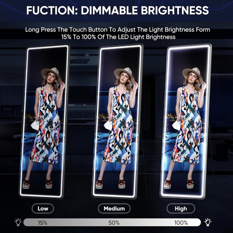 Specchio a figura intera a LED, specchio a LED da pavimento illuminato da 60 "x 16" a figura intera, specchio appeso a parete con supporto gratuito