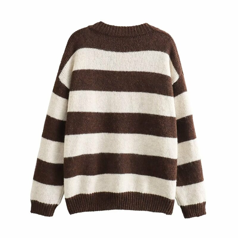 Suéter de punto a rayas anchas para mujer, Jersey de manga larga con cuello de pico, Estilo Vintage, Tops elegantes, novedad de 2023