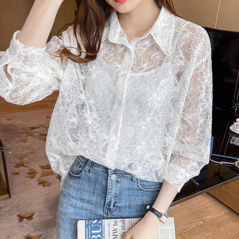 QOERLIN Lace Embroidered Hollow Out White Shirts Women 2024 New Summer Single-Breasted Button Up Tops Blouse Holiday Shirts Girl