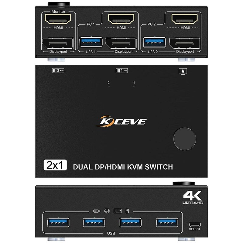 DP HDMI USB 3.0 듀얼 모니터 디스플레이 포트 KVM 스위치, 2 컴퓨터 공유 키보드 마우스 및 모니터 지원
