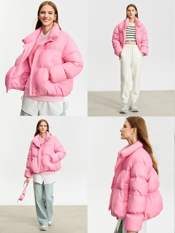 AMII-abrigos minimalistas de plumón para mujer, chaqueta completa lisa con cremallera corta y cuello abotonado, novedad de invierno, 2023, 12344053