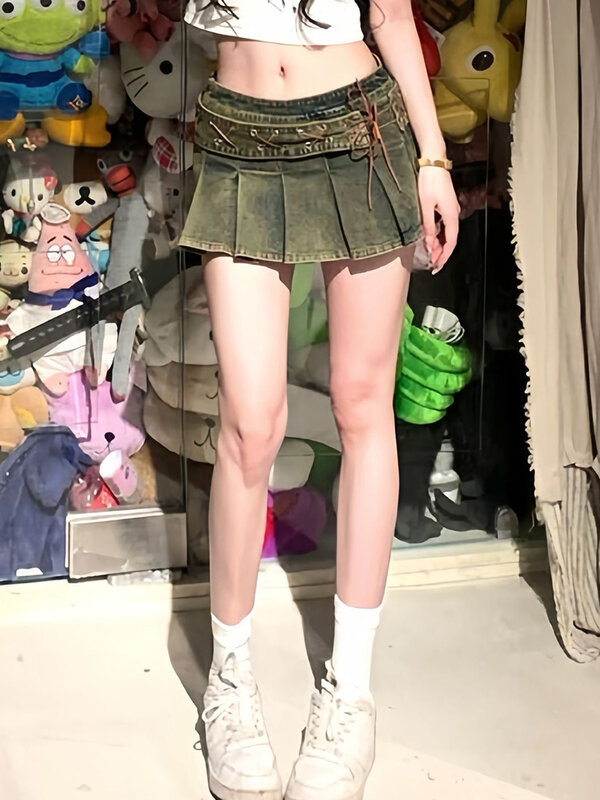 Summer Women Japanese Fashion Gyaru Mini Denim Skirt Y2k 2000s Aesthetic Kpop Jean Pleated Skirt Y2k Streetwear Coquette E-girl