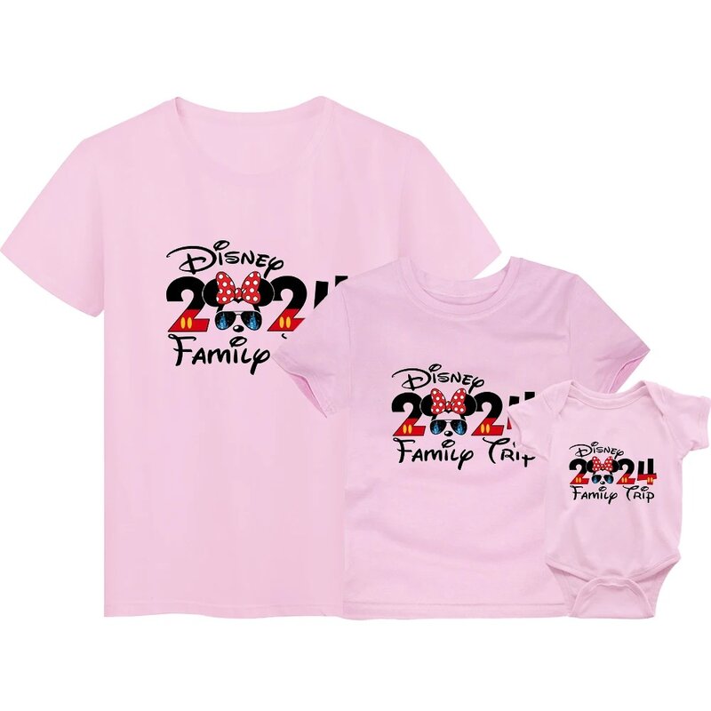 Disney 2024 Family Trip Matching Clothes Mickey Mouse Fashion Trend Father Mother and Kids T-shirt Summer O-neck Color Tops Tees