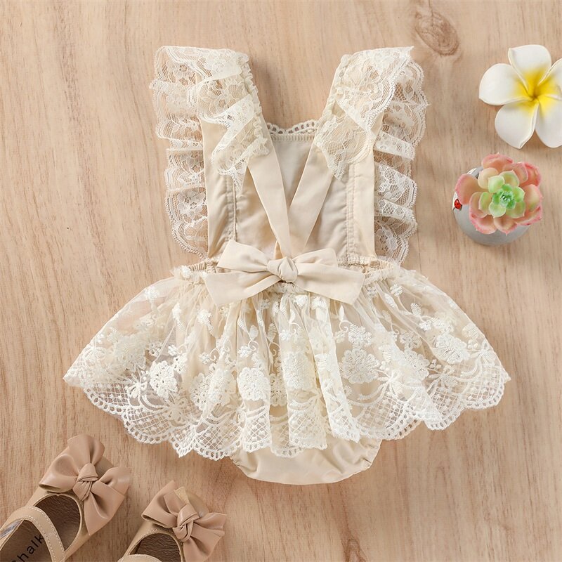 0-24M Summer Princess Baby Girls Romper Dress Ruffles Sleeveless Lace Mesh Flowers Embroidery Jumpsuits